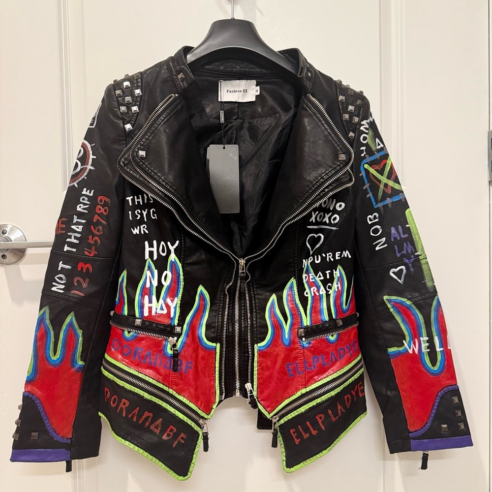 $169 Fashion SX Women's Black PU Leather Hand Painted Graffiti Biker Jacket, M